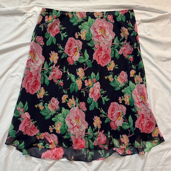 Ralph Lauren Navy Blue Silk Floral Midi Skirt, 32” Waist - Picture 1 of 5